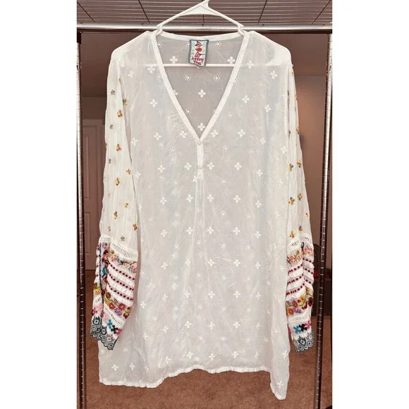Johnny Was Eyelet Sheer Floral Flower Embroidered Long Sleeve Tunic Blouse Sz XL - Picture 1 of 10